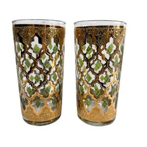 Vintage Culver Glass Valencia 22K Gold Green Diamond 5 1/2” Tumblers MCM Lot 2